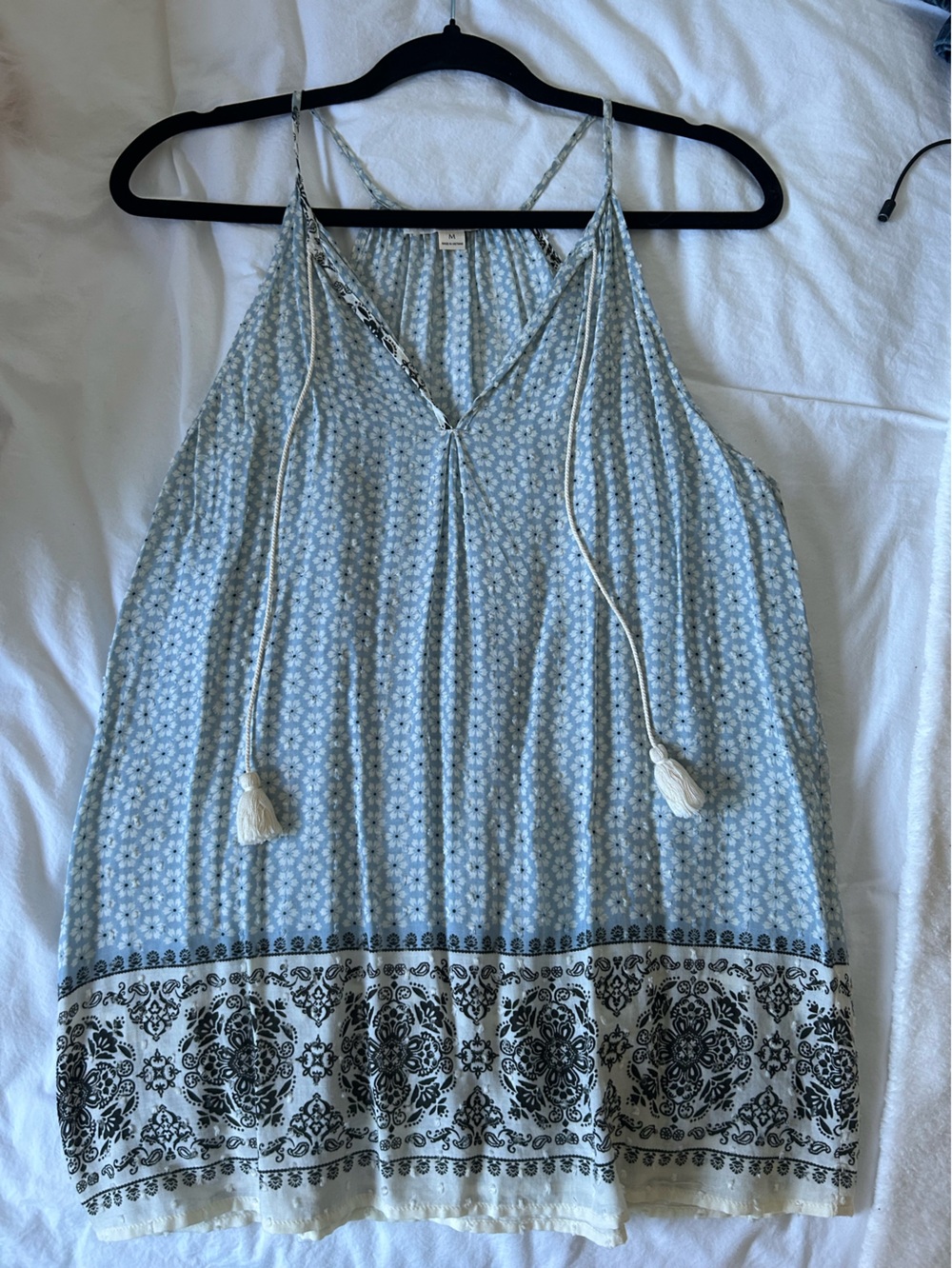 Love Stitch Light Blue Floral Tassel Tank Top Bohemian